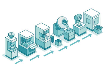 Automated industrial assembly line showing production stages for pills and tablets