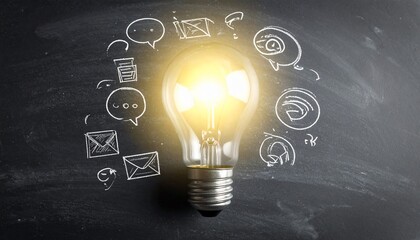 Conceptual image of a bright light bulb with drawn communication icons on blackboard
