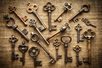 Collection of antique ornate brass and iron skeleton keys scattered on a textured burlap background