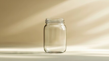 Close-up of a clear empty glass jar standing upright on neutral background, showcasing reflections and smooth texture