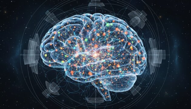 Digital neural network simulating human brain with interconnected nodes in cosmic setting.