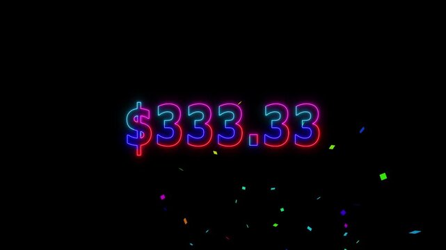 Neon line 400 dollar counting animation and colorful confetti. Counting money and digits increasing. Animated Counter from 0 to 400 with resolution.
