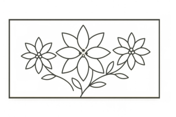 Outline floral design with simple line drawing flowers and leaves, transparent background, botanical pattern