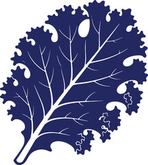 Deep blue kale leaf vector illustration with intricate white veins and details on white backdrop