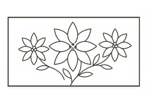 Outline floral design with simple line drawing flowers and leaves, transparent background, botanical pattern