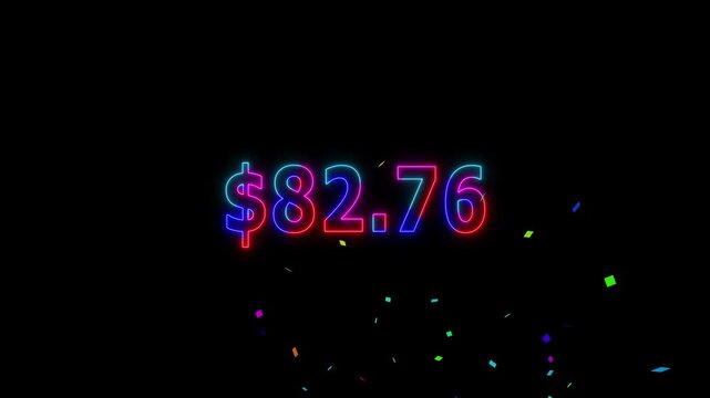 Neon line 100 dollar counting animation and colorful confetti. Counting money and digits increasing. Animated Counter from 0 to 100 with resolution.