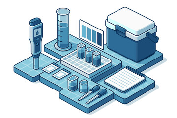 Isometric arrangement of scientific testing tools, pH meter, cooler box, and laboratory glassware for environmental research