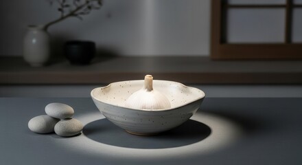 Minimalist Arrangement Of Garlic In A Decorative Bowl: Artistic Food Photography