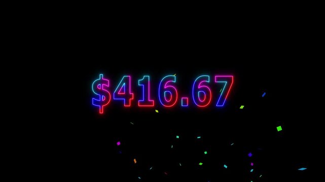 Neon line 500 dollar counting animation and colorful confetti. Counting money and digits increasing. Animated Counter from 0 to 500 with resolution.