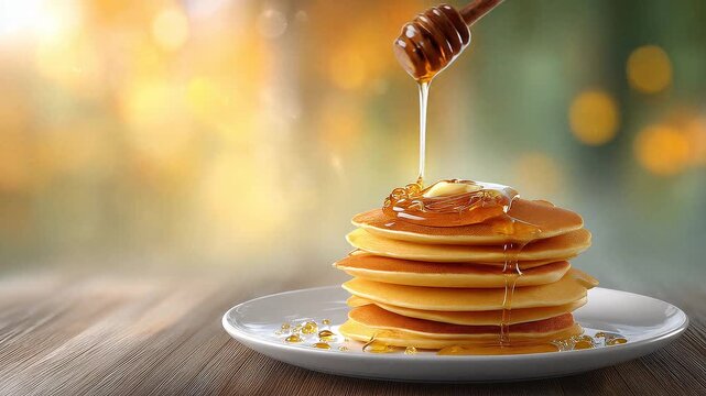 Stack of fluffy pancakes drizzled with honey on a sunny morning in a cozy kitchen setting with autumn colors in the background