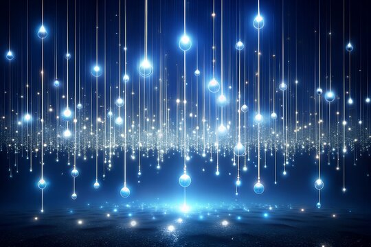 Abstract digital network of glowing blue lights and data streams cascading down in a futuristic technological background