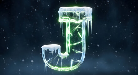 Icy letter j with green cracks suitable for winterthemed graphic design, holiday marketing materials, or icythemed educational resources.