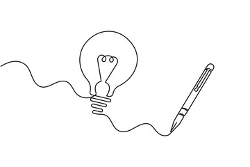 Simple light bulb outline continuous one line drawing on white background
