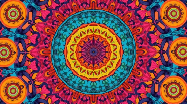 Vibrant kaleidoscope pattern with geometric and floral elements