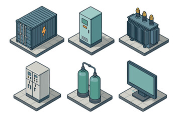 Isometric industrial equipment icons: power storage container, electrical transformer, control panels