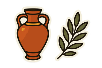 Stylized ancient terracotta amphora jar and green olive branch isolated on white background