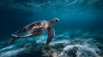 Fototapeta premium Majestic sea turtle gracefully swims through clear blue ocean waters over a rocky coral reef