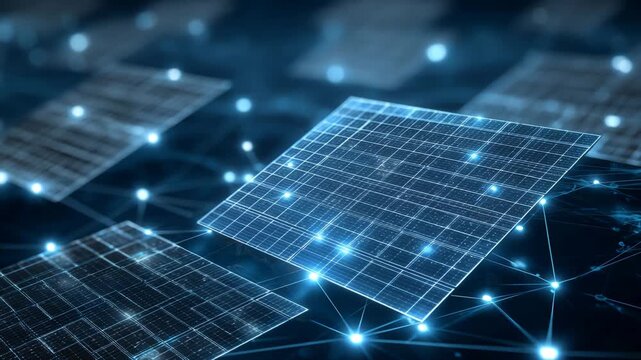 Futuristic digital solar panels connected by glowing network lines, renewable energy and technology innovation concept - Powered by Adobe
