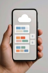 Hand holding smartphone with cloud icon and colorful app widgets on screen, upload and download arrows visible, on neutral studio background with copy space, concept of cloud storage and mobile ui