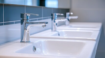 Fototapeta premium Close-up of multiple sink basins with chrome taps in a public toilet, highlighting hygiene and modern design
