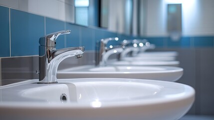 Fototapeta premium Close-up of multiple sink basins with chrome taps in a public toilet, highlighting hygiene and modern design