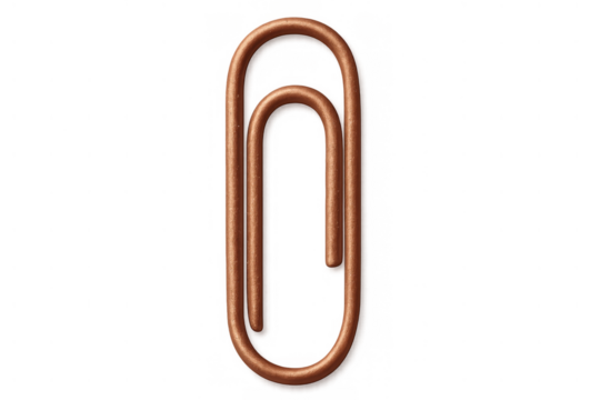 Copper paperclip fastening documents, organizing office supplies, school stationery, and business paperwork on transparent background - Powered by Adobe