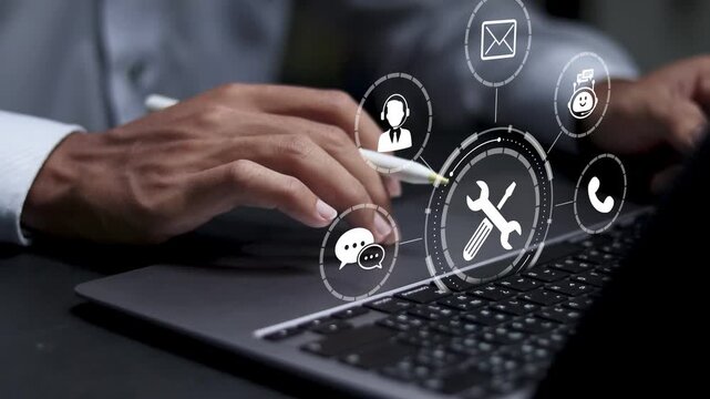 Customer service and support solution concept. Communication assistance with customer support tools.