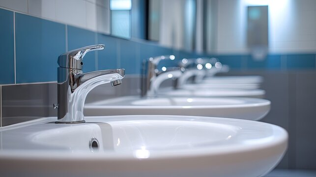 Close-up of multiple sink basins with chrome taps in a public toilet, highlighting hygiene and modern design