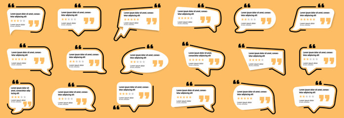 Obraz premium Feedback quote bubble collection with rating stars and testimonial layout. Perfect for reviews, comments, and client feedback