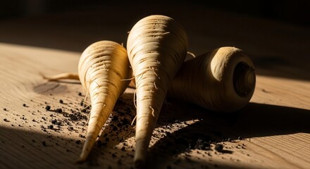 Parsnips Lit By Natural Sunlight Resting On Wooden Surface With Shadows