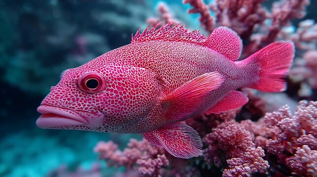 Close-up of a vibrant red groper fish swimming near a coral reef, with colorful underwater flora and fauna filling the background and creating a breathtaking marine moment.