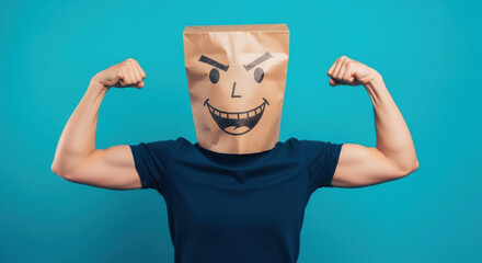 Paper Bag Masked Man Muscular Arms Power Symbol Anonymity Strength Confidence Cartoon Face Costume Bodybuilding Motivation