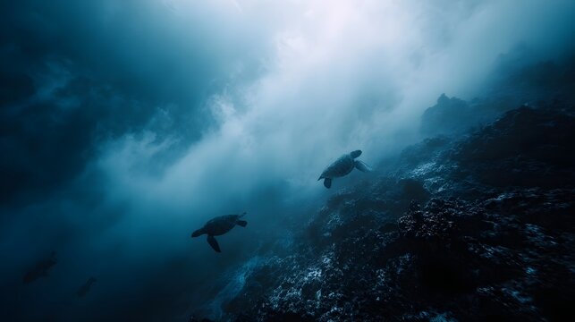 Two sea turtles swim gracefully through the deep blue ocean depths illuminated by ethereal light shafts