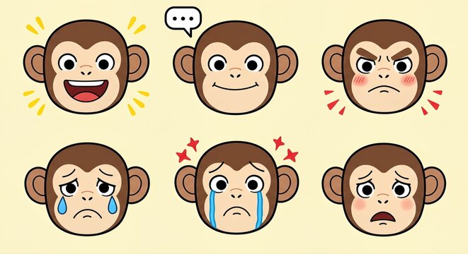 Six cartoon monkey faces expressing various emotions like happiness, anger, sadness, and fear on a light background.