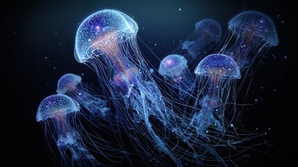 glowing bioluminescent jellyfish swim dark water