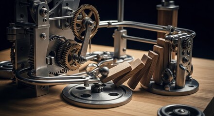 Naklejka premium Intricate Kinetic Machine A Conceptual Depiction of Cause and Effect Through Mechanical Elements