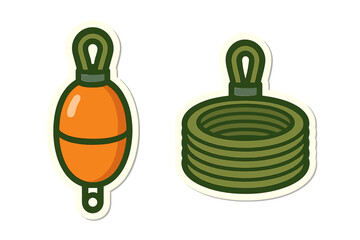 Bright orange fishing float bobber and coiled green rope bundle for angling activities