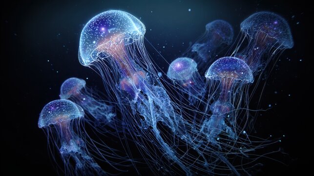 glowing bioluminescent jellyfish swim dark water