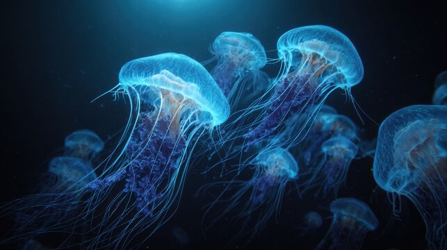 glowing jellyfish drift in deep blue water