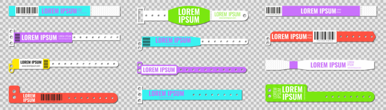 Wristband tag collection with barcode and text fields in multiple colors. Perfect for event access, medical, or identification use