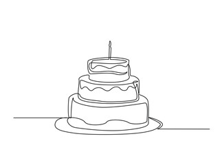 Sweet Cake or Birthday Cake outline draw illustration. Continuous line art drawing of Sweet Cake with candle. Editable stroke.