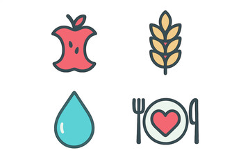 Set of four symbols for healthy eating, nutrition, water, and sustainable food