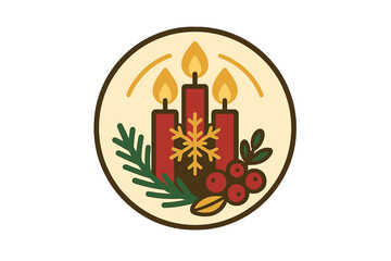 Festive holiday emblem with three burning red candles, fir branches, and winter berries