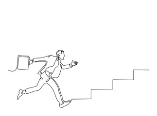 Businessman run with suitcase outline draw illustration. Continuous line art drawing of Businessman run win the up stairs. Editable stroke.
