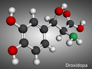 Obraz premium Droxidopa, L-DOPS molecule. For treating neurogenic orthostatic hypotension, Parkinson’s disease. Molecular model. 3D rendering. Illustration