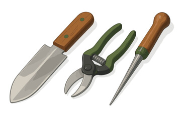 Essential gardening tools including a hand trowel, pruning shears, and a wooden dibber