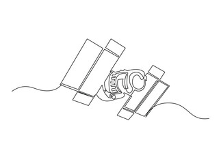 Obraz premium Outer Space Satellite outline draw illustration. Continuous line art drawing of Outer Space Satellite Communication. Editable stroke.