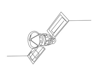 Obraz premium Outer Space Satellite outline draw illustration. Continuous line art drawing of Outer Space Satellite Communication. Editable stroke.
