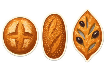 Set of three artisan bread loaves: round sourdough, sesame baguette, and olive focaccia