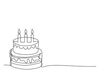 Sweet Cake or Birthday Cake outline draw illustration. Continuous line art drawing of Sweet Cake with candle. Editable stroke.